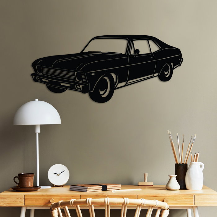 Wallity Chevrolet Nova 1972 Classic Sedan Escultura de pared de metal Negro